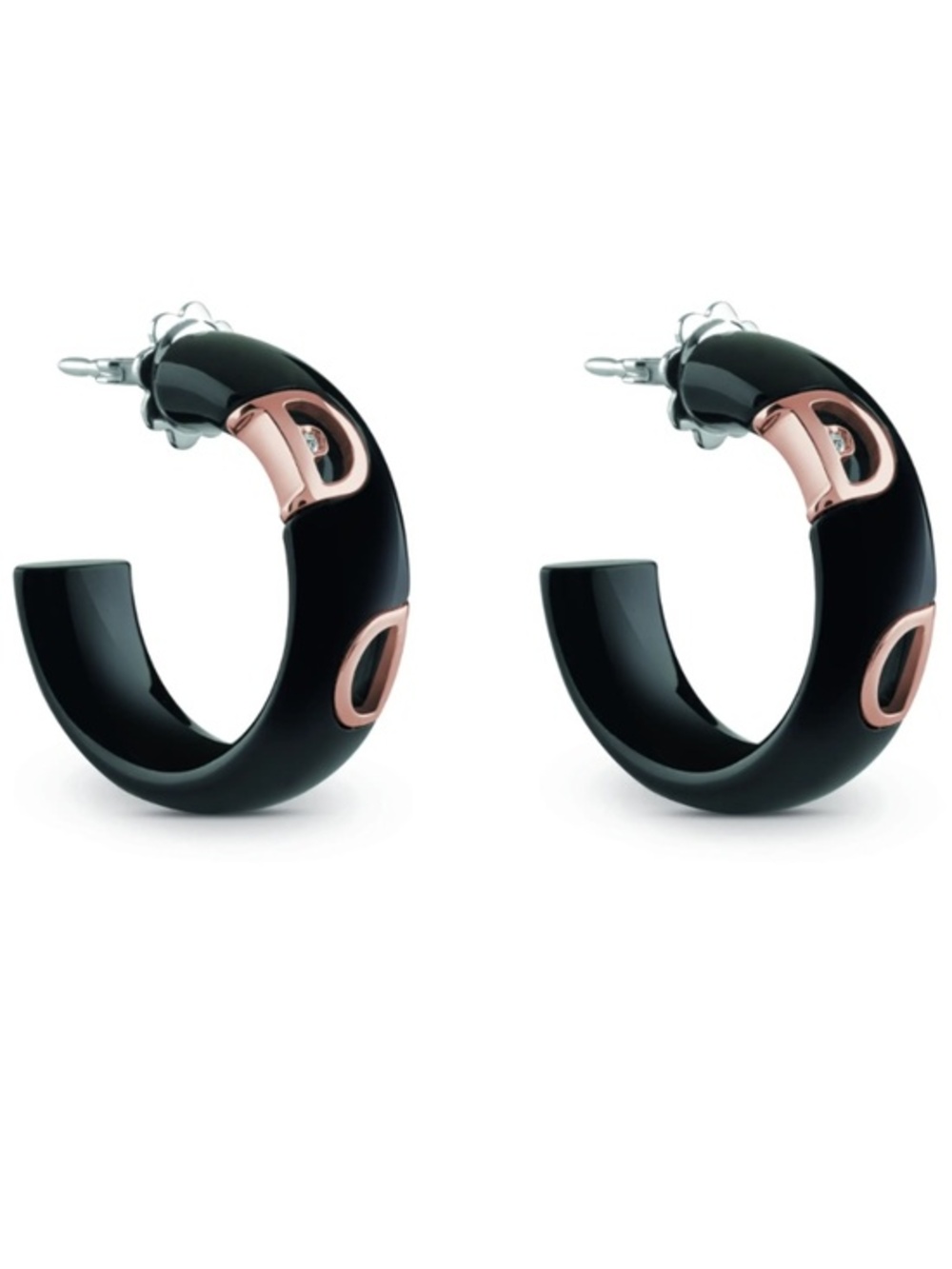 Black ceramic, pink gold and diamonds earrings